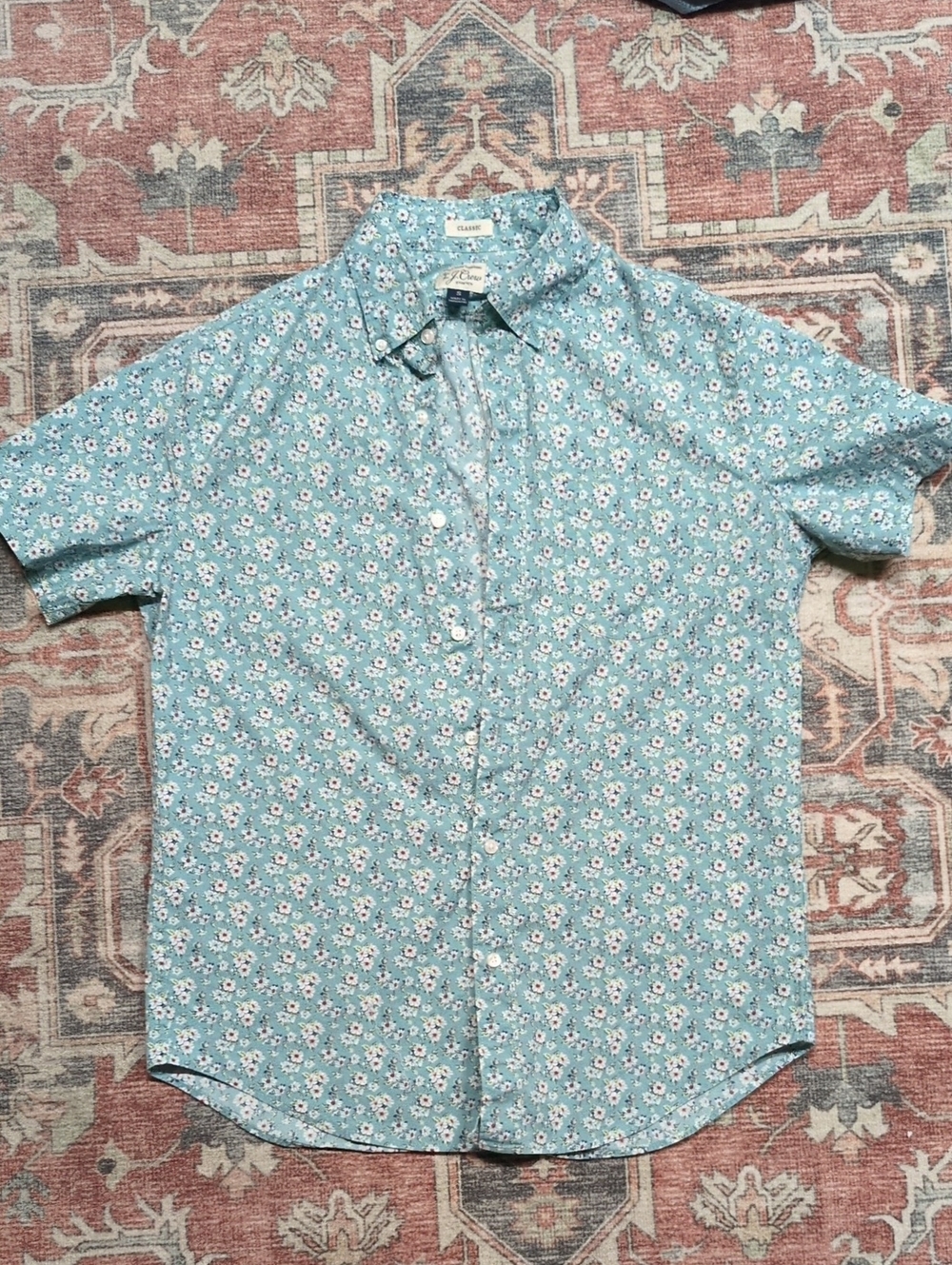 J. Crew Light Aqua Floral Short-Sleeve Button-Down Shirt